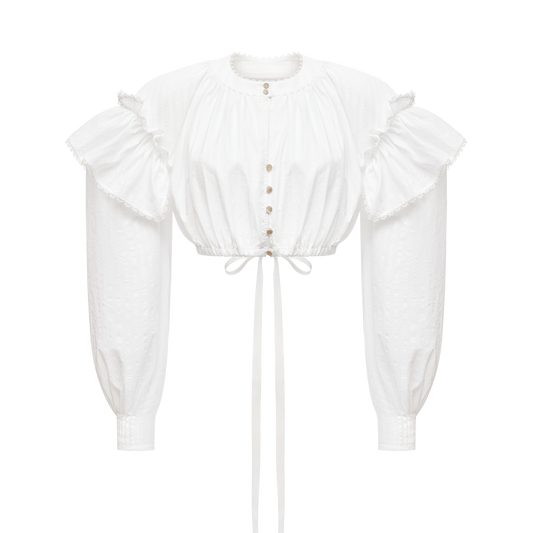 Cotton blouse with ruffled shoulders and an open back